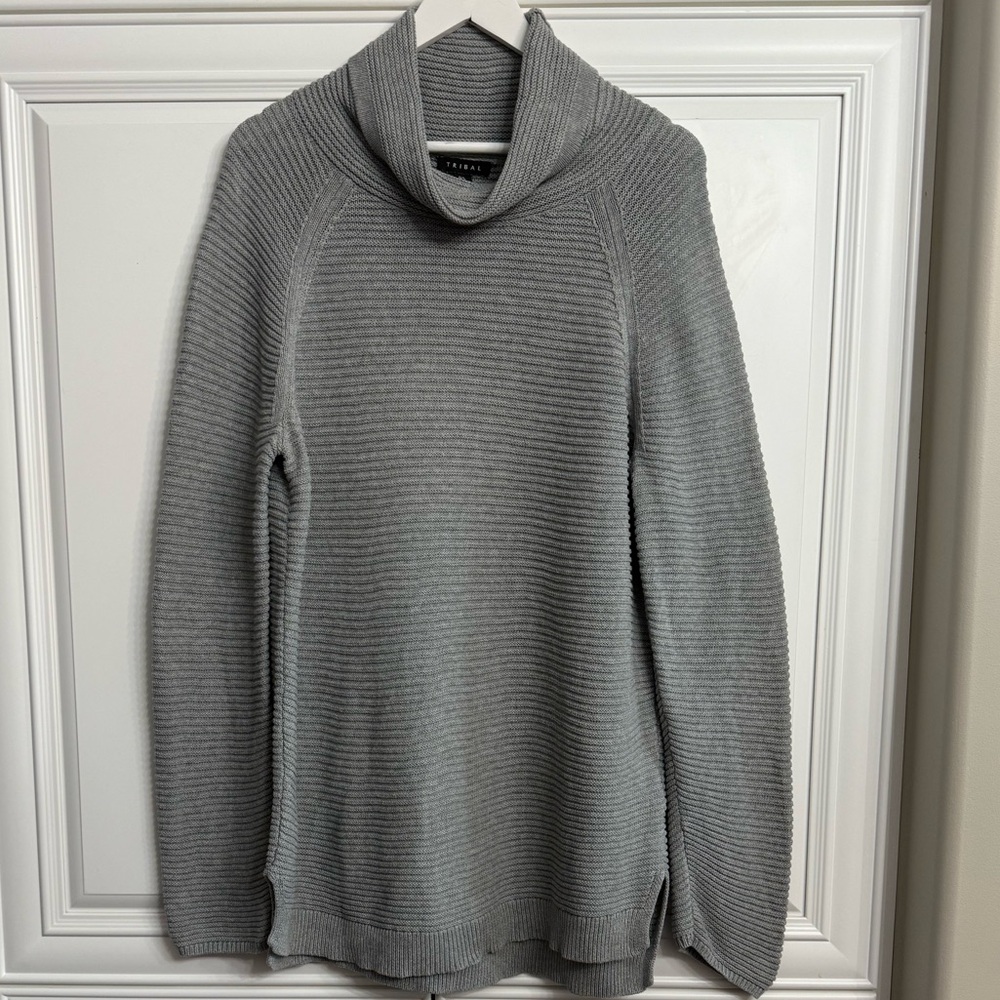 Tribal Women’s Sz Large Grey Cowl Neck Ribbed Sweater Tunic Length 100% Cotton